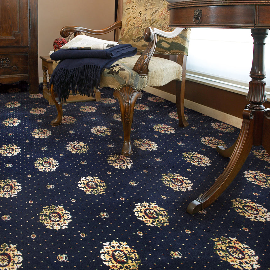 Midnight Blue Medallion Wentworth Patterned Wilton Carpet