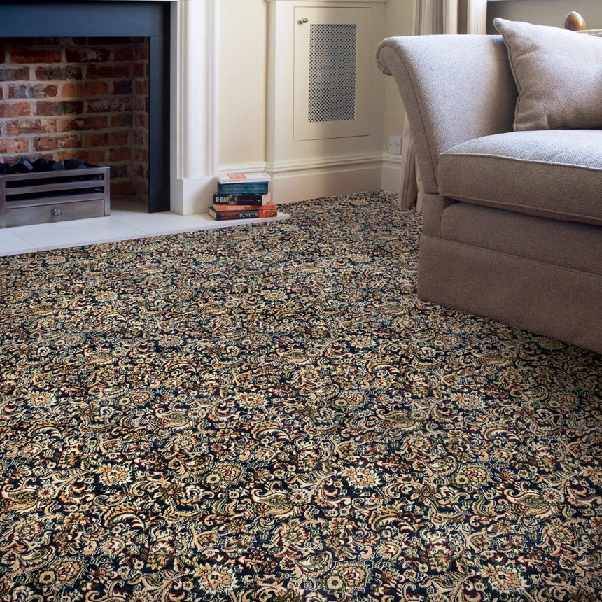 Midnight Blue Jacobean Wentworth Patterned Wilton Carpet