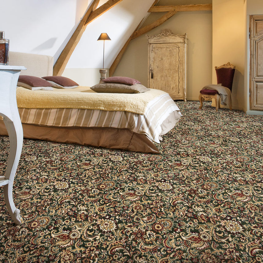 Meadow Green Jacobean Wentworth Patterned Wilton Carpet