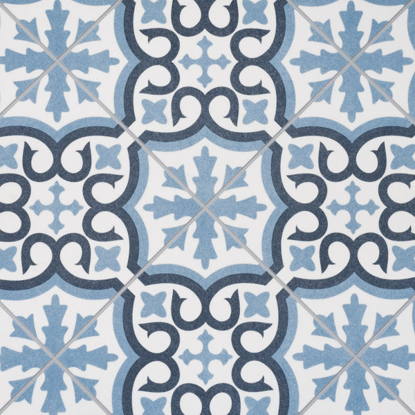 8x8 Porcelain Floor Tile – Bijoux Bleu Pattern, Art Deco Floral, Matte Finish, PEI 3 (Medium Traffic)