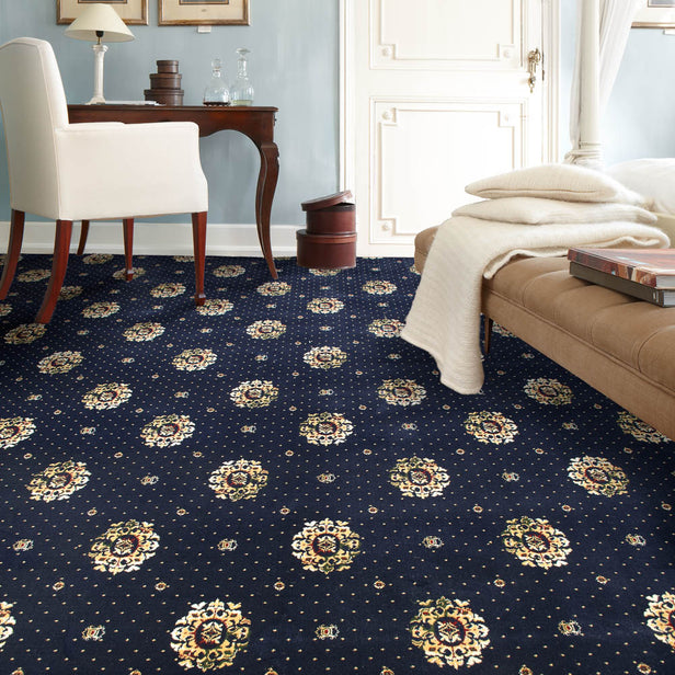Midnight Blue Medallion Wentworth Patterned Wilton Carpet