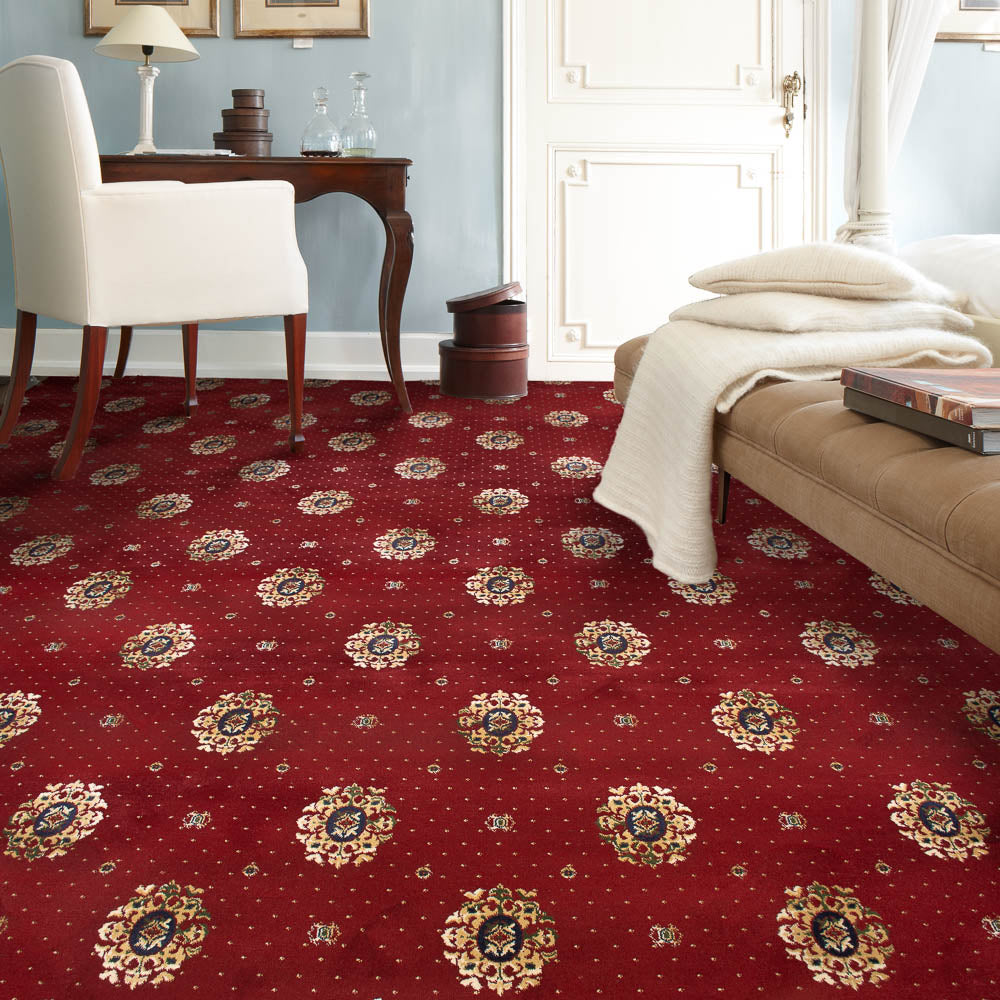 Regal Red Medallion Wentworth Patterned Wilton Carpet | Online Carpets