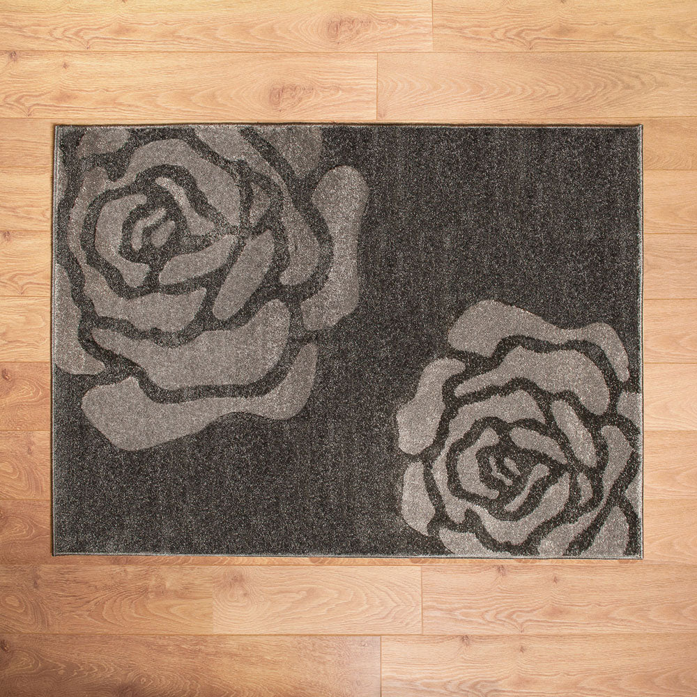 Dark Grey Rose Pattern Delhi Rug | Buy Delhi Rugs Online ...